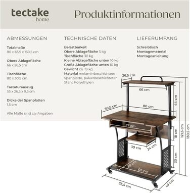 Письмовий стіл tectake Industrial 80x65.5x130.5 см з полицями, висувною полицею для клавіатури, темно-коричневий - Офісний стіл, Комп'ютерний стіл, Принтерний стіл