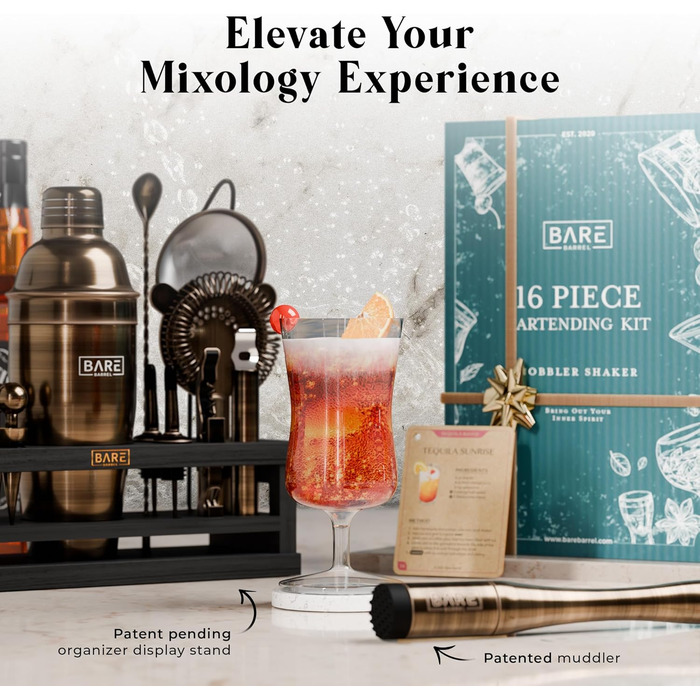Набір для коктейлів BARE BARREL Mixology Barkeeper-Set, 16 предметів, з коблер-шейкером 24oz, аксесуарами для бару та картками рецептів, латунь/чорний