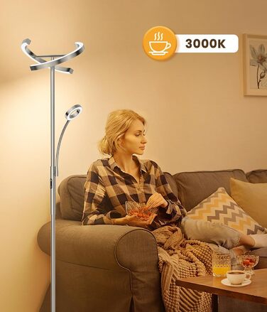 Світлодіодна торшерна лампа ANTENLICHT KAKA- 20Вт срібляста з гнучкою 7Вт лампою для читання, диммуванням, пультом та 4 режимами світла для вітальні, спальні, офісу, готелю