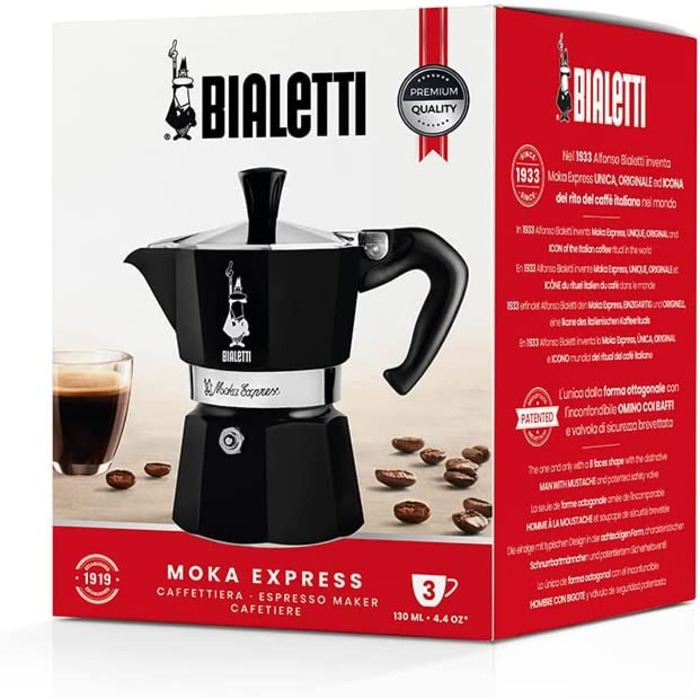 Кавоварка Bialetti Moka Color, 3 чашки, алюмінієва, чорна, італійська гейзерна кавоварка для плити