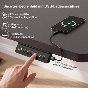 Регульований по висоті письмовий стіл JUMMICO з USB-портом, функцією пам'яті на 2 позиції та системою антиколізії (чорний, 180x80 см)