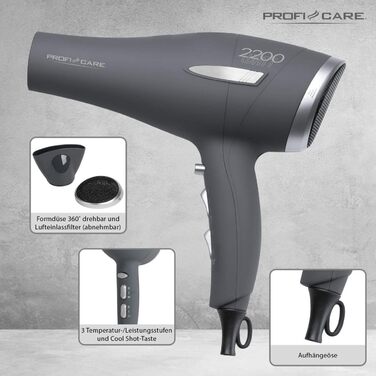 Фен для волосся ProfiCare 2200 Вт, Soft-Touch корпус, захист від перегріву, 3 режими, Cool Shot, 2 запасні фільтри, антрацит/срібло, PC-HT 3045