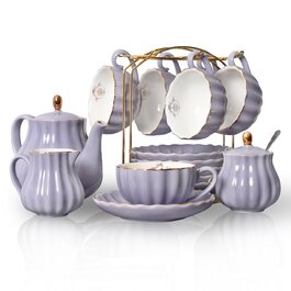 Чайний сервіс Sweejar Home Porzellan British Royal, 6 персон, з чайником, цукорницею, ложками та ситечком, для High Tea (FloralD), фіолетові чашки