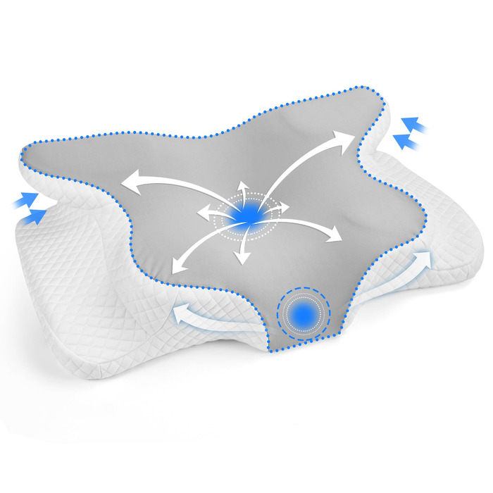 Ергономічна ортопедична подушка для шиї з ефектом пам'яті (Memory Foam), регульована по висоті, для сну на боці, спині та животі, 63x42 см, світло-сіра