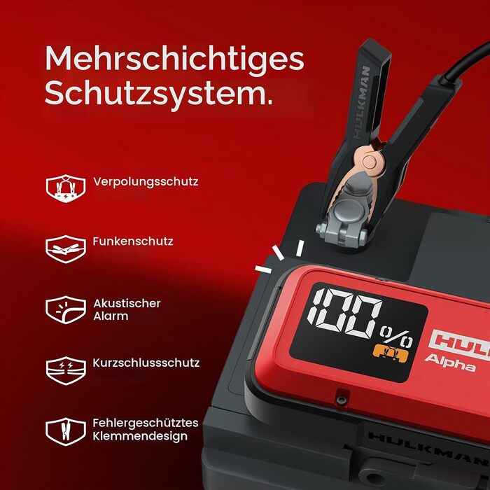 Бустерний пускач HULKMAN Alpha Ultra Red 1000A 37Wh для автомобіля 12V, портативний jump starter для бензинових (до 6.5L) та дизельних (до 3.0L) двигунів, IP65, LED-дисплей