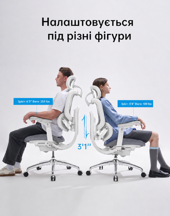 Офісний стілець SIHOO Doro C300 V2 Pro: ергономічний, з сітчастою спинкою, 8D підлокітниками, регульованою поперековою підтримкою та 3D підголовником, білий
