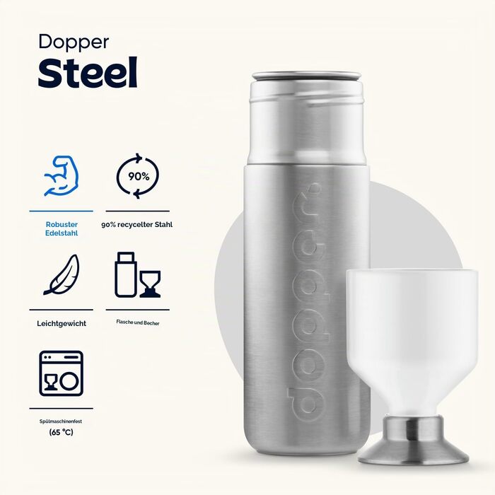 Сталева пляшка для води Dopper 1.1 л, срібляста — герметична спортивна фляга з нержавіючої сталі 18/8, без BPA, для спорту, офісу та активного відпочинку