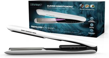 Керамічний випрямляч для волосся Revamp Progloss Ion Shine з іонною технологією, інфрачервоним нагрівом, збагачений кератином, аргановою та кокосовою олією, регулювання температури, білий