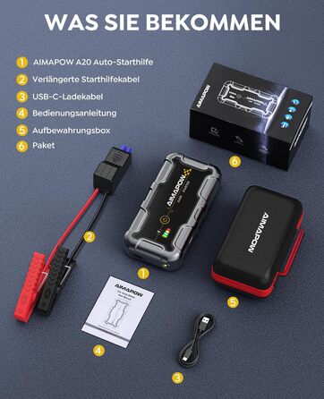 Powerbank з компресором та пусковим пристроєм AIMAPOW для автомобіля: 27000mAh, 160PSI, 6000A, LED-ліхтар, сумісний з бензиновими та дизельними двигунами (до 12.0L)
