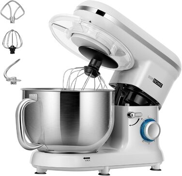 Кухонна машина VIVOHOME 5.7L з місткістю 5.7 літрів, потужністю 660W, 10 швидкостей, функцією імпульсу, для замішування тіста, з бризковим захистом, містить гак для тіста, вінчик та роздільник яєць (срібна)