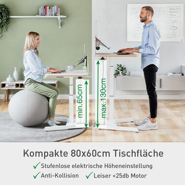 Регульований стіл Leitz Ergo Compact 80x60 см, білий - електричний, для офісу та дому, до 80 кг, з нагадуванням про зміну положення