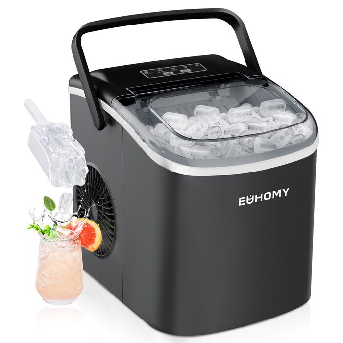 Льодогенератор EUHOMY 12 кг/24 год, самоочищення, з ручкою, лопаткою, кошиком, чорний, 45 дБ