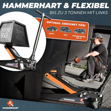 Гідравлічний домкрат HAMMERHART 3T з низьким профілем, 75-505мм, колеса 360°, подвійний поршень, гумова накладка, Т-ручка - Преміум якість