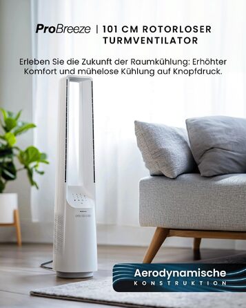 Вентилятор без лопатей Pro Breeze 101 см з LED дисплеєм, 6 швидкостей, 5 режимів, авто-коливання 60°, таймер 7 годин, управління через додаток та пульт, білий
