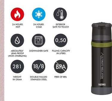 Термос Thermos Mountain 500 мл чорний, сталева пляшка з чашкою, 24 год гаряче/холодне, легка та міцна, BPA-free, для активного відпочинку