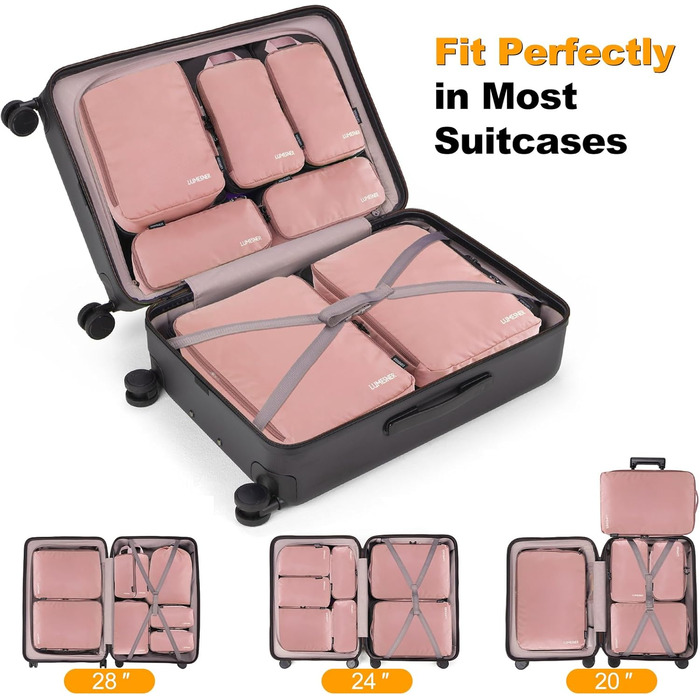 Набір органайзерів для подорожей у валізу Packing Cubes, комплект дорожніх сумок для одягу та косметички (8 предметів, рожевий)