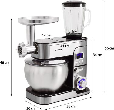 Кухонна машина Syntrox Germany KM-1300W де Люкс, тістоміс, міксер, м'ясорубка, LCD-дисплей, чаша з нержавіючої сталі 7 л, червона/чорна
