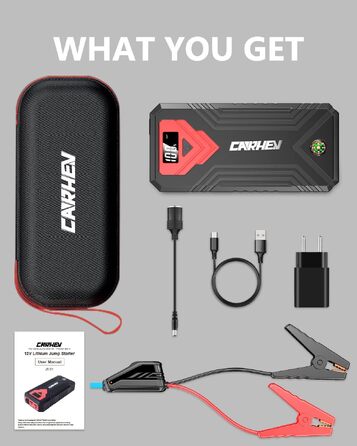 Бустер для авто CARHEV Jump Starter 3000A — Пусковий пристрій з LCD-дисплеєм для бензинових (до 8л) та дизельних (до 8л) двигунів, 12V Powerbank з USB швидкою зарядкою та LED-ліхтарем