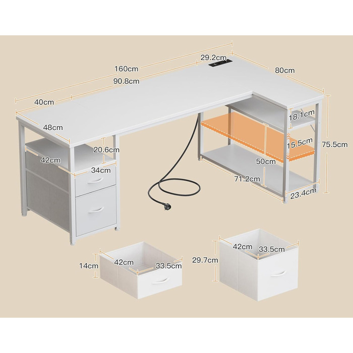 Кутовий письмовий стіл Coleshome з 2 шухлядами та полицею, 140x80 см, з розеткою, білий. Ігровий стіл для дому та офісу, 160x80 см