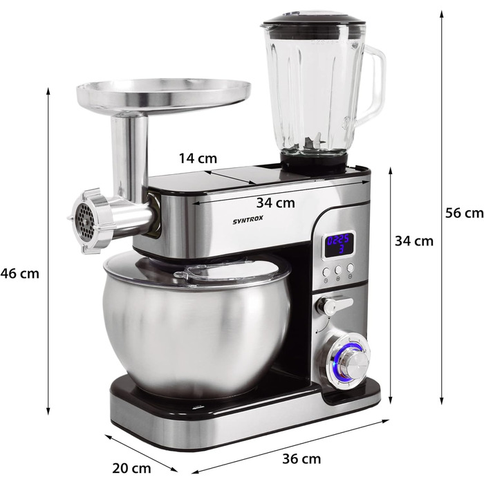 Кухонна машина Syntrox Germany KM-1300W де Люкс, тістоміс, міксер, м'ясорубка, LCD-дисплей, чаша з нержавіючої сталі 7 л, червона/чорна