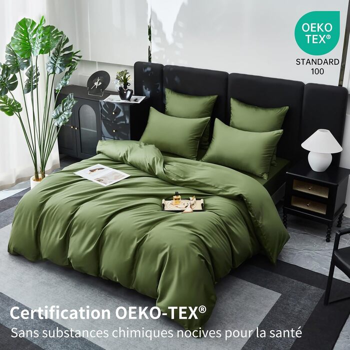 Комплект постільної білизни з бавовняного сатину Deluxe (220x240 см), оливковий — підковдра та 2 наволочки (65x65 см), дихаюча тканина