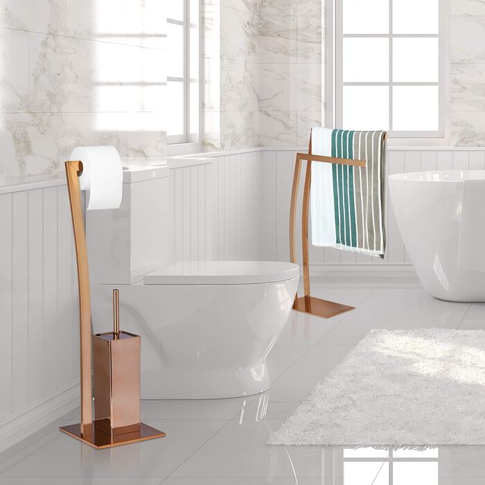 Комплект для туалету Relaxdays WIMEDO, кутовий, 71x20x20 см, тримач для туалетного паперу та щітки з нержавіючої сталі з покриттям, мідний, підлоговий