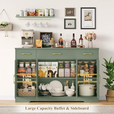 Sideboard HOCSOK 140 см: буфет з 3 ящиками, 4 дверцятами та 2 регульованими полицями, для кухні, вітальні, передпокою,  (зелений)