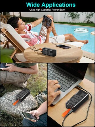 Портативний акумулятор 140W 70000mAh з 5 виходами USB-C, PD3.1, QC4.0, LED дисплеєм та ліхтариком. Чорний. Для ноутбука, телефону, планшета. Ідеально для подорожей, кемпінгу та активного відпочинку на природі.