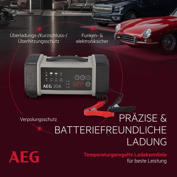 Зарядний пристрій акумуляторів AEG LT 20, 20A для 12/24V авто, 9-ступінчатий, з інтелектуальною функцією заряджання та автоматичним вирівнюванням температури, чорний/сірий