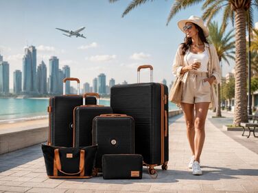 Набір валіз Travelhouse Bari Premium (6 предметів): міцний легкий дорожній сет з ABS-пластику, 4 тролеї з TSA-замком та колесами 360°, сумка для подорожей та косметичка, чорний