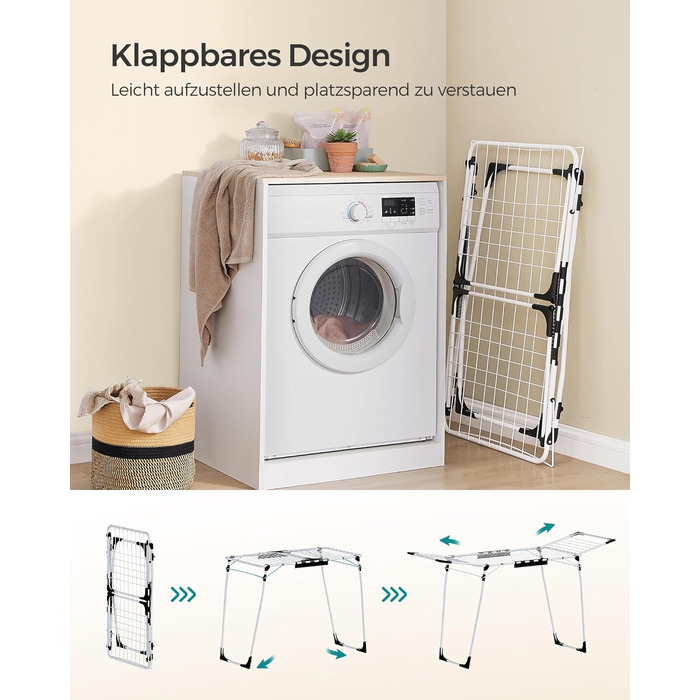 Сушарка для білизни SONGMICS з крилами, металева, 56,5x173x96,5 см, сірий, з тримачем для шкарпеток, для одягу та рушників