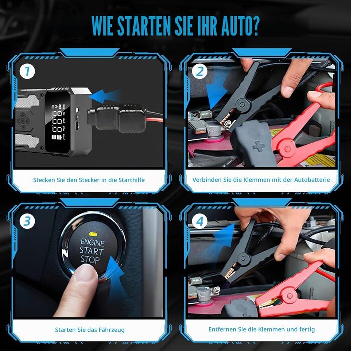 Пусковий інвертор (бустер) для авто з компресором 6000А, портативний Jump Starter Powerbank з LED-ліхтарем та дисплеєм, жовтий