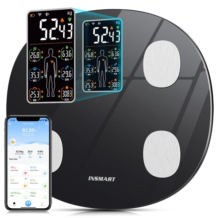 Розумні ваги INSMART 227 кг, цифрові, Bluetooth, аналізатор складу тіла, 18 показників, 30x30 см, мобільний додаток, вимірювання ІМТ, жиру, м’язів, пульсу