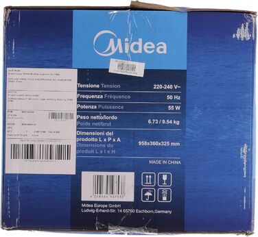 Мобільний кондиціонер Midea з водяним охолодженням, іонізацією та зволоженням, з резервуаром для води 5 л, 355 м³/год, без повітроводу, пульт, 55 Вт, білий