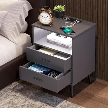 Сучасна тумба приліжкова LVSOMT з LED-підсвіткою, 2 шухляди, USB та Type-C зарядка, чорна, для спальні та вітальні