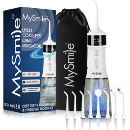 MySmile LP221 Бездротовий ірригатор для порожнини рота з UVC стерилізацією, 335 мл, портативний, OLED-дисплей, 4 режими, 8 насадок, чохол для дому та подорожей (перламутровий)