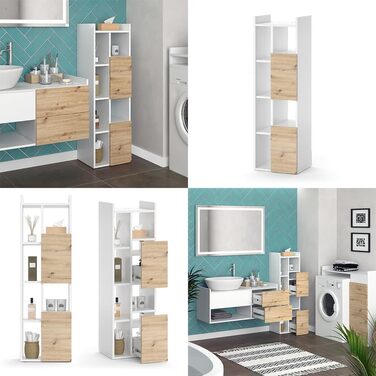Висока шафа для ванної Vicco Alf, білий/дуб, 36x117 см, 2 шухляди