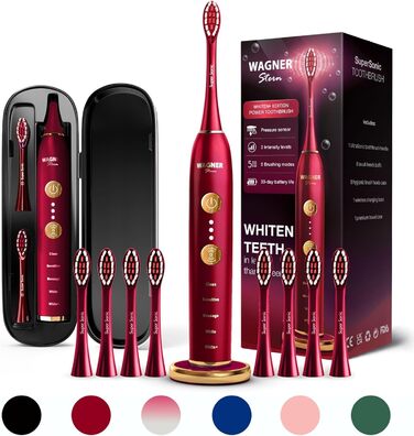 Електрична зубна щітка Wagner Stern WHITEN+ Edition з датчиком тиску, 5 режимів чищення та 3 рівні інтенсивності, 8 насадок, преміум-чохол, зелений (червоний)