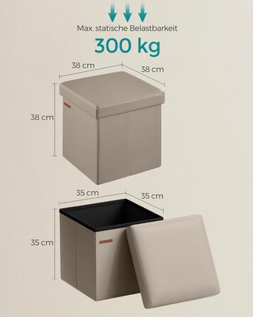 Складаний пуф SONGMICS 38 см з кришкою, штучна шкіра, до 300 кг, для передпокою, вітальні, спальні, колір камель, 38x38x38 см
