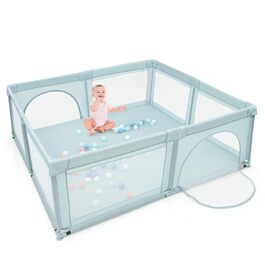 Дитячий манеж COSTWAY 206x185,5 см з 50 ігровими кульками, дихаючою сіткою та двома дверцятами, манеж-загородка для немовлят і дітей, синій