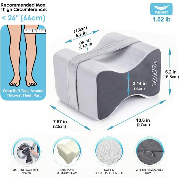 Ортопедична подушка між ніг foverhom з ефектом пам'яті (Memory Foam) для полегшення болю в спині, попереку та стегнах, сіра (до 66 см)