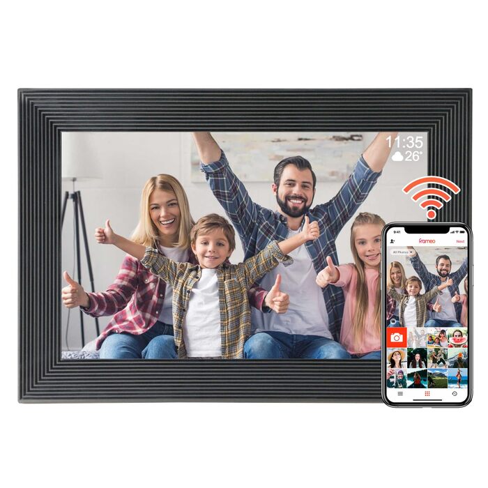 Frameo Цифровий фоторамка 10.1 дюйма з Wi-Fi, HD сенсорний екран, 16GB пам'ять, автоматичне обертання, віддалене завантаження фото та відео, настінний монтаж (чорний)