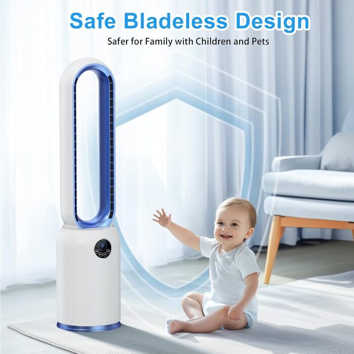 Безлопатевий вентилятор Turmventilator 88 см, з LED-дисплеєм, пультом, таймером 12 год, 90° осциляція для спальні/офісу (синій)