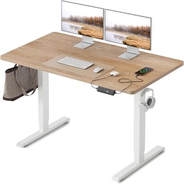 FEZIBO Стол письмовий регульований по висоті, 100 x 60 см, з USB-портами, для дому/офісу, стоячий, з масивом дуба
