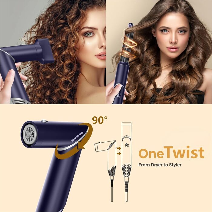 UKLISS 5-в-1 Airstyler Фен-щітка для укладки волосся з насадкою для локонів, 60000 об/хв, блакитний