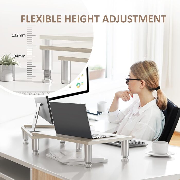 Підставка для двох моніторів AX Waber Dual Monitor Riser, регульована довжина та кут нахилу, дерев'яна підставка з місцем для зберігання, біла