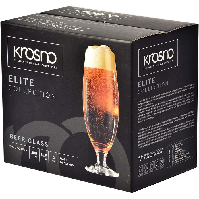 Склянки для пива Krosno Biergläser 500 мл, набір 6 шт. Універсальні склянки для пива та крафтового пива, елегантний дизайн 