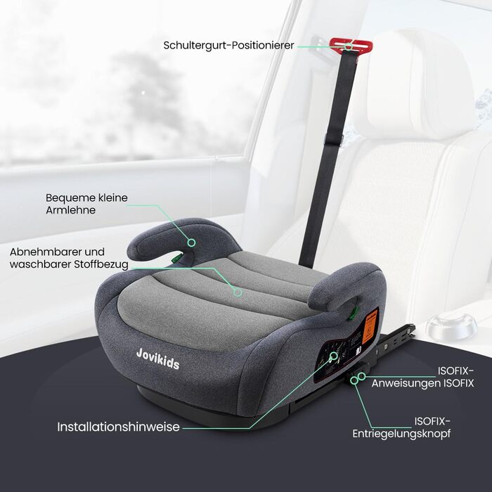 Дитяча автокрісло-підставка Jovikids ISOFIX, група 2/3, ECE R129, для дітей 15-36 кг, товстий знімний чохол, легко прати, сірий