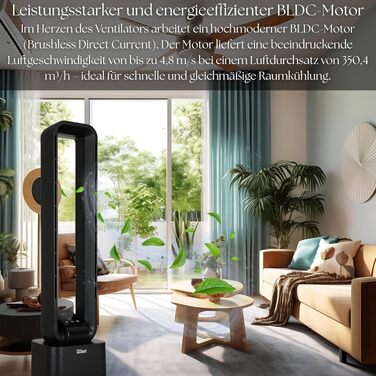 Вентилятор без лопатей Zilan Turmventilator з пультом, 12 швидкостей, BLDC мотор, 45° осциляція, таймер 15 год, LED дисплей, енергозберігаючий (Чорний)