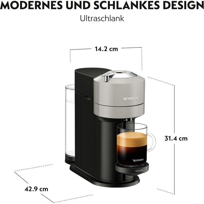Nespresso Krups XN910B Vertuo Next: Кавомашина капсульна, 1.1л, розпізнавання капсул, 6 розмірів, сірий
